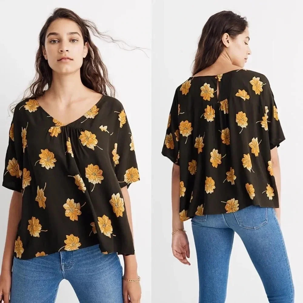Madewell Black Floral V-Neck Short Sleeve Top with Mustard Flowers